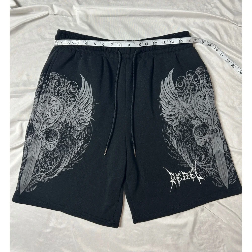 Rebel Vengeance Mens XL Black Graphic Wing Sword Sweat Shorts Streetwear Gothic - Picture 11 of 14